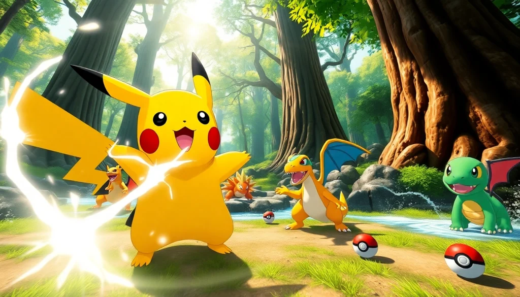 Pikachu and friends engage in an exciting Pokémon battle in a vibrant forest setting.