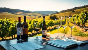 Enjoying winery membership benefits with wine glasses and bottles elegantly arranged.