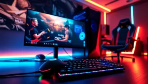 Showcasing a high-performance Gaming Computer setup with dual monitors and RGB lighting effects.
