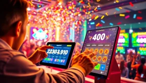 Engage with a vibrant scene showcasing 4D online lottery betting, illustrating user excitement and celebration.