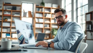 Onlineshop erstellen lassen in einer modernen Büroumgebung mit einem Designer, der an einem Laptop arbeitet.