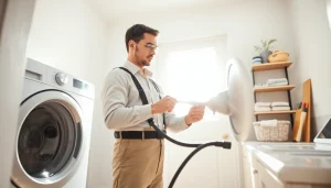 Technician cleaning dryer vent for dryer vent franchises near me, showcasing expertise in home setting.