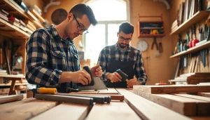 Explore carpentry apprenticeship near me with a skilled carpenter at work in a vibrant workshop.