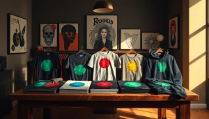 Showcase of stylish Radiohead merch including t-shirts and vinyl records.