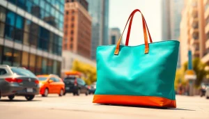 Showcasing a vibrant tote bag in a stylish urban setting with a cityscape backdrop.