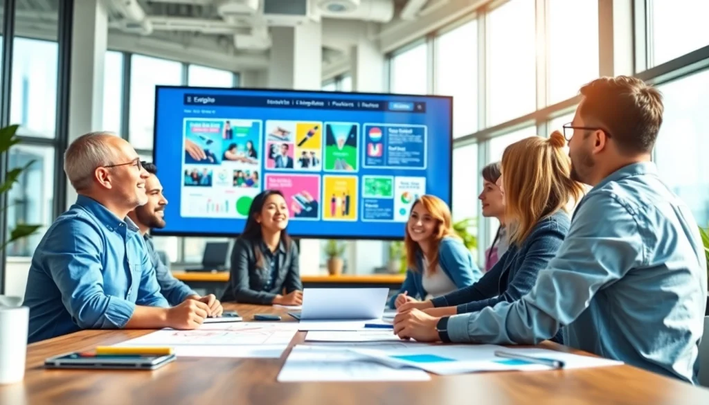 Creative professionals engaged in web design edmonton project with digital displays and vibrant designs.