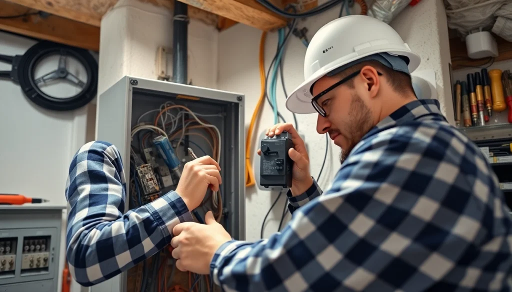 Electrician installing equipment in a residential panel with attention to detail.