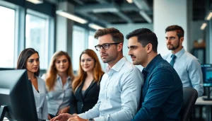 Team of managed it provider specialists collaborating in a high-tech office setting.