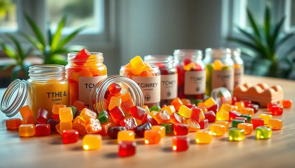 Arranged Medical Cannabis THC & CBD Gummies in colorful shapes on a wooden table.
