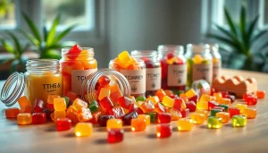 Arranged Medical Cannabis THC & CBD Gummies in colorful shapes on a wooden table.