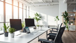 Verken Werkplekbeheer met een moderne kantoorinstelling en een georganiseerd bureau.
