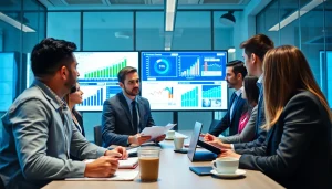 Analyze competitive intelligence data with business professionals collaborating in a modern setting.