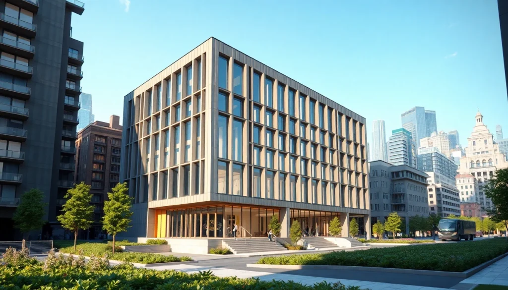 3D visualisierung architektur eines modernen Gebäudes mit urbanem Hintergrund und lebendigen Details.
