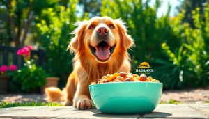 Golden retriever indulging in badlands ranch superfood complete, emphasizing nutritious ingredients.
