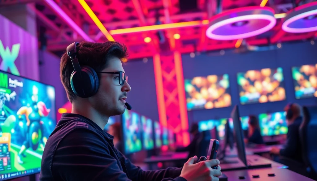 Permainan online dengan gamer profesional di lingkungan kompetitif yang penuh energi dan teknologi canggih.