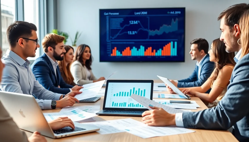 Engaged professionals discussing key business trends during a meeting in a well-lit office.