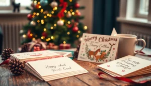 Create custom last-minute Christmas cards London on a cozy wooden table, featuring vibrant designs and festive elements.