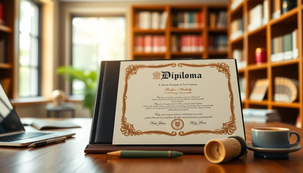 Buy a fake diploma displayed elegantly on a desk alongside a laptop and coffee, showcasing its premium quality.