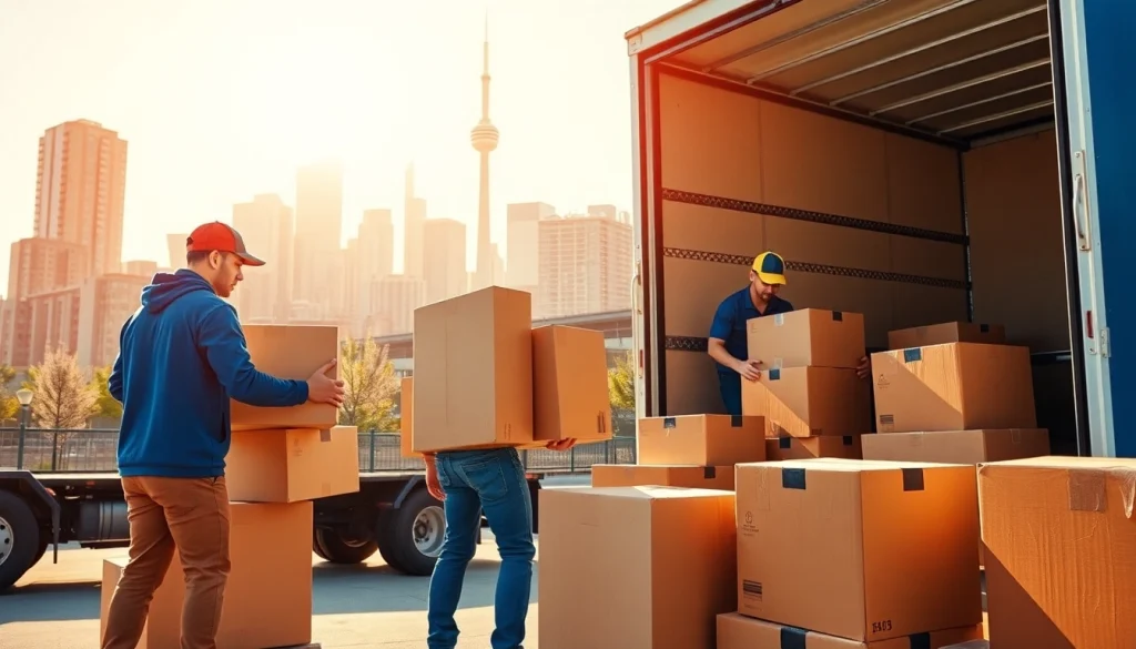 Movers in Toronto area loading items into a truck to emphasize teamwork and urban efficiency.