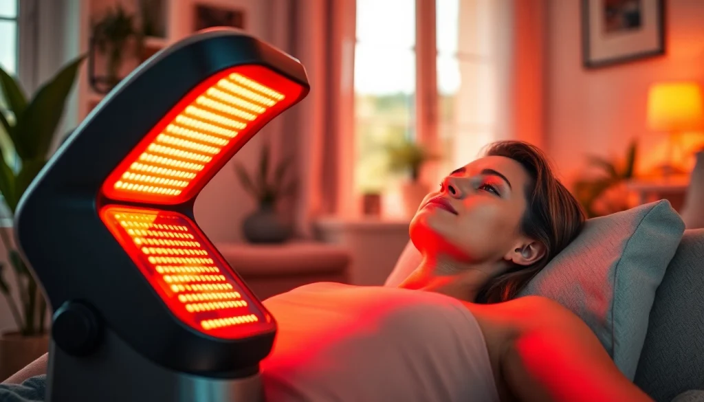 Experience full body red lighttherapy at home with a relaxing setup and soothing atmosphere.
