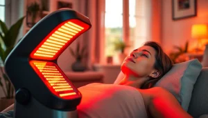 Experience full body red lighttherapy at home with a relaxing setup and soothing atmosphere.