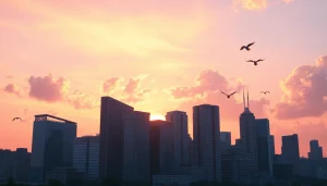 Engaging dawn digital scene featuring a vibrant sunrise over a modern city skyline.