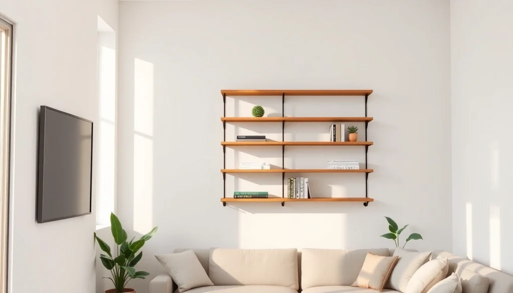 Stylish minimalist wall rack featuring books and plants in a bright living room.