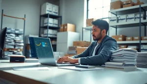 Selling wholesale on Amazon highlighted in a bright office with organized products and a focused seller.