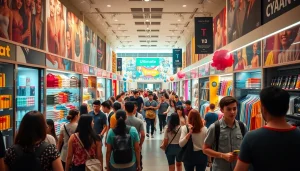 Capture the excitement of ultimateshop shoppers exploring vibrant merchandise in a colorful retail environment.