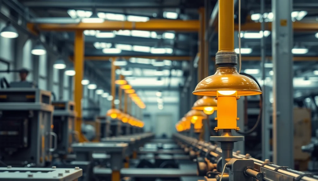 Industrial heat lamps illuminating a factory floor for efficient performance.