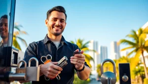 Locksmith Miami assisting a customer with high-quality tools in a sunny Miami neighborhood.