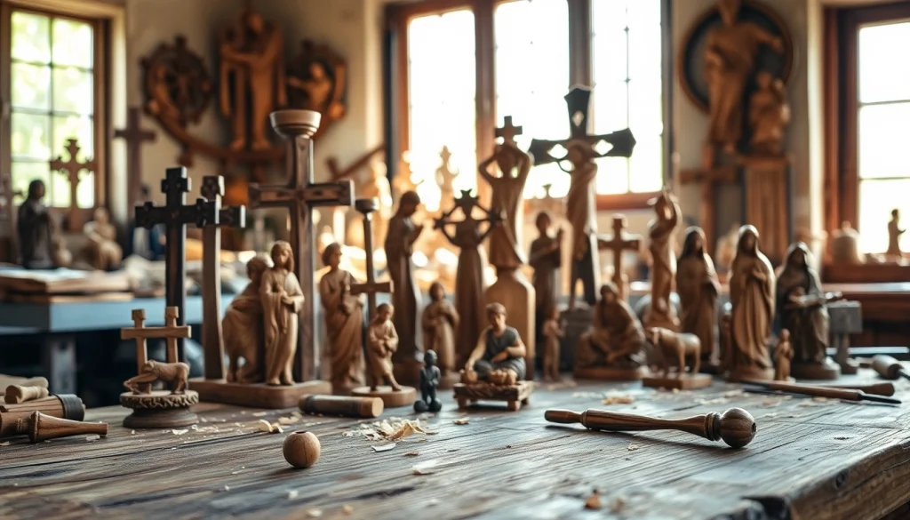Handcrafted olive wood carvings displayed in a serene artisan workshop, showcasing intricate details.
