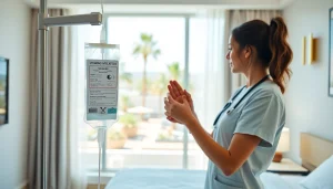 Efficient vegas iv treatment setup featuring a nurse preparing an IV in a modern Las Vegas hotel.