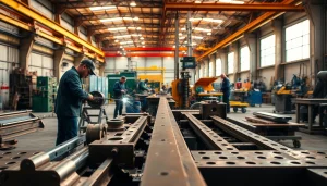 Workers conducting custom steel fabrication in a bustling workshop showcasing intricate metal craftsmanship.